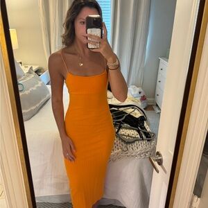 Zara Bold Orange Spaghetti Strap Midi Dress